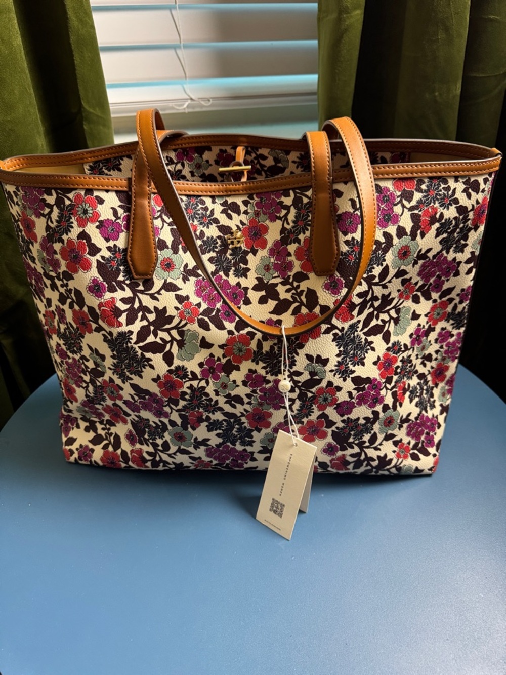 Large 17x12 Tory Burch Multicolor Floral Canvas Tote with Tan Trim
